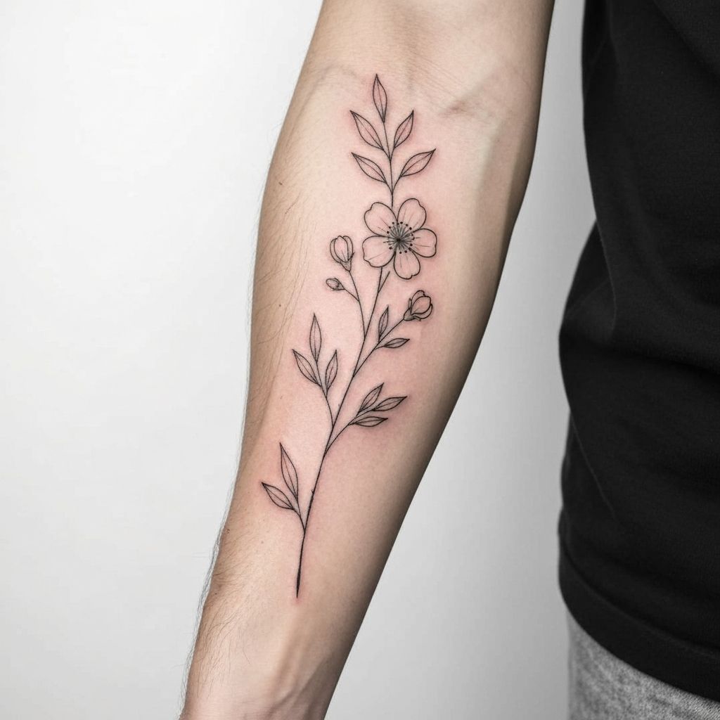 Fine-Line Tattoo – Botanisches Motiv auf dem Unterarm